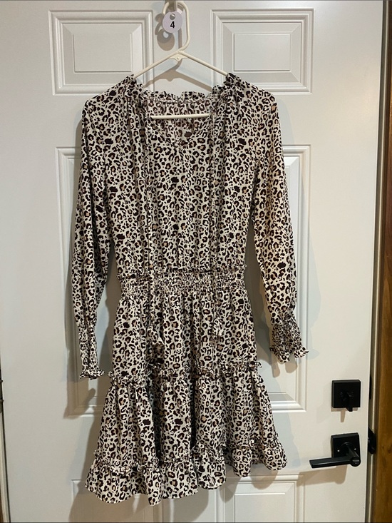 Dresses & Skirts - Leopard Print Long-Sleeve Tiered Dress - Beige/Brown